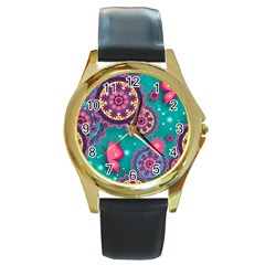 Floral Pattern, Abstract, Colorful, Flow Round Gold Metal Watch by kyorashop23