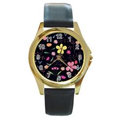 Foliage Pattern, Adorable Beautiful Round Gold Metal Watch