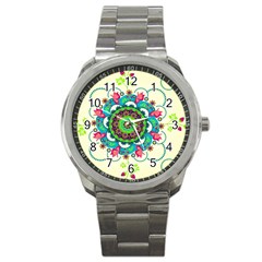 Mandala Flowers, Abstract, Butterflies, Floral, Pattern Sport Metal Watch