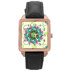 Mandala Flowers, Abstract, Butterflies, Floral, Pattern Rose Gold Leather Watch  by kyorashop23