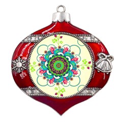 Mandala Flowers, Abstract, Butterflies, Floral, Pattern Metal Snowflake And Bell Red Ornament