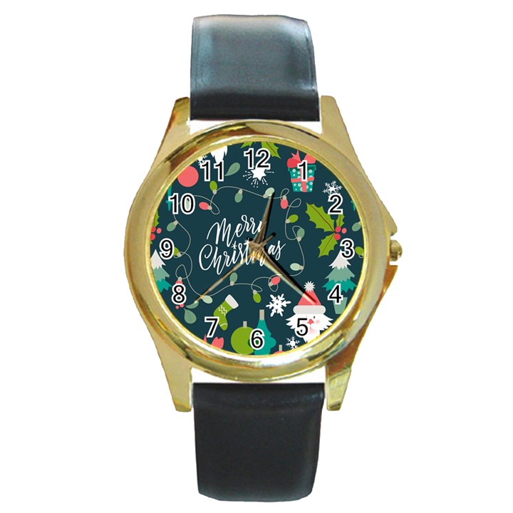 Merry Christmas, Happy New Year, Christmas Seamless Texture Round Gold Metal Watch