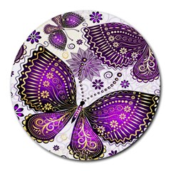 Purple Butterflies, Abstract, Floral, Flowers Round Mousepad by kyorashop23