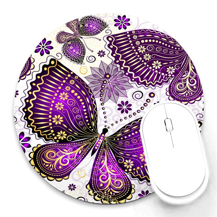 Purple Butterflies, Abstract, Floral, Flowers Round Mousepad