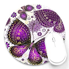 Purple Butterflies, Abstract, Floral, Flowers Round Mousepad by kyorashop23