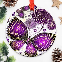 Purple Butterflies, Abstract, Floral, Flowers Ornament (round) by kyorashop23