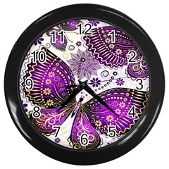 Purple Butterflies, Abstract, Floral, Flowers Wall Clock (black) by kyorashop23