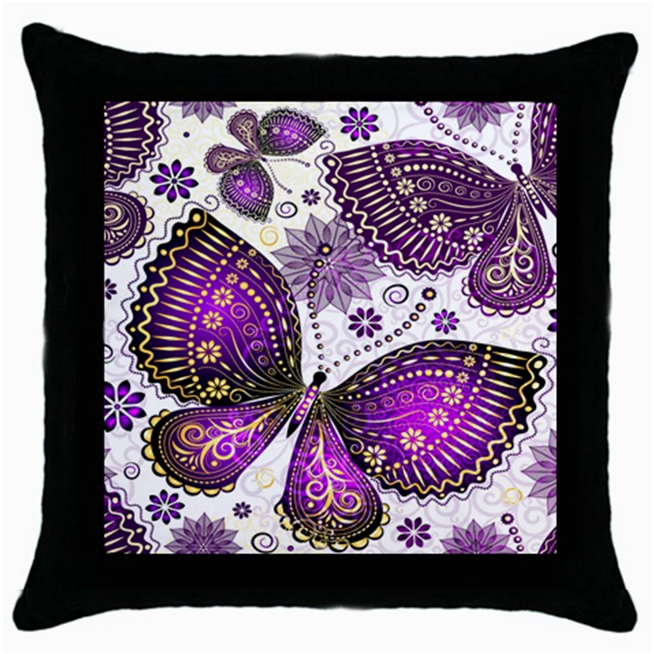 Purple Butterflies, Abstract, Floral, Flowers Throw Pillow Case (Black)