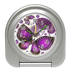 Purple Butterflies, Abstract, Floral, Flowers Travel Alarm Clock by kyorashop23