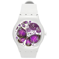 Purple Butterflies, Abstract, Floral, Flowers Round Plastic Sport Watch (m) by kyorashop23