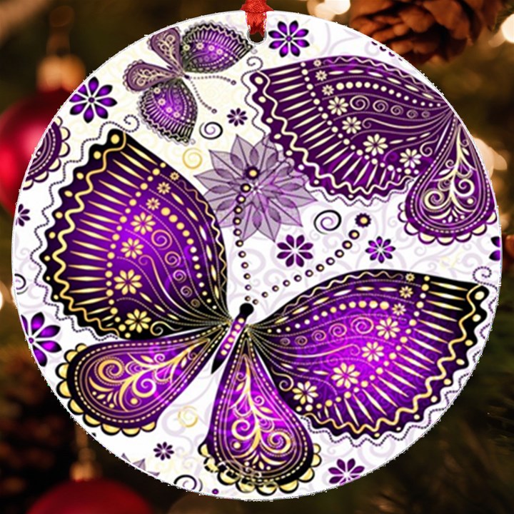 Purple Butterflies, Abstract, Floral, Flowers UV Print Acrylic Ornament Round