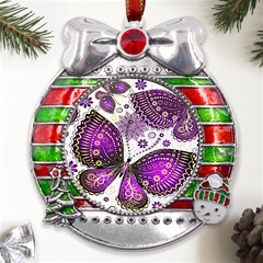 Purple Butterflies, Abstract, Floral, Flowers Metal X mas Ribbon With Red Crystal Round Ornament by kyorashop23