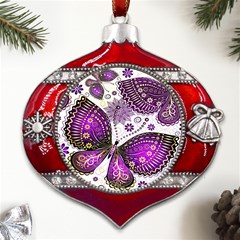 Purple Butterflies, Abstract, Floral, Flowers Metal Snowflake And Bell Red Ornament