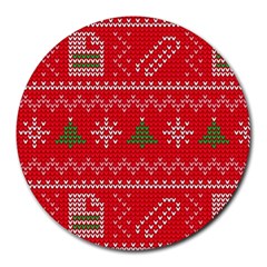 Red Christmas Pattern Xmas Decorations, Christmas Knitted Texture Round Mousepad by kyorashop23