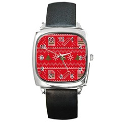 Red Christmas Pattern Xmas Decorations, Christmas Knitted Texture Square Metal Watch by kyorashop23