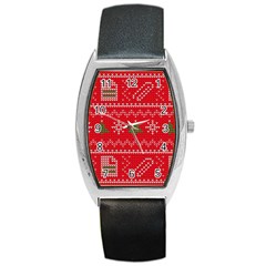 Red Christmas Pattern Xmas Decorations, Christmas Knitted Texture Barrel Style Metal Watch by kyorashop23