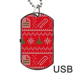 Red Christmas Pattern Xmas Decorations, Christmas Knitted Texture Dog Tag Usb Flash (one Side) by kyorashop23