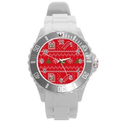 Red Christmas Pattern Xmas Decorations, Christmas Knitted Texture Round Plastic Sport Watch (L)