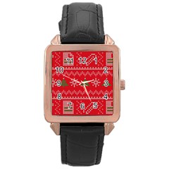 Red Christmas Pattern Xmas Decorations, Christmas Knitted Texture Rose Gold Leather Watch 