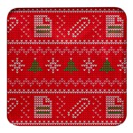 Red Christmas Pattern Xmas Decorations, Christmas Knitted Texture Square Glass Fridge Magnet (4 pack) Front