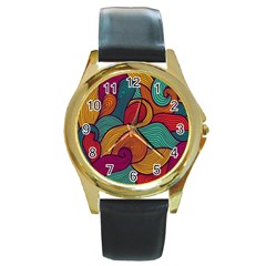 Swirly, Abstract, Multi Colored, Pattern, Round Gold Metal Watch