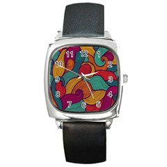 Swirly, Abstract, Multi Colored, Pattern, Square Metal Watch