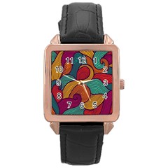 Swirly, Abstract, Multi Colored, Pattern, Rose Gold Leather Watch 