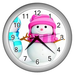 Two Snowmen, Wall Clock (silver) by kyorashop23