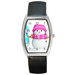 Two Snowmen, Barrel Style Metal Watch by kyorashop23