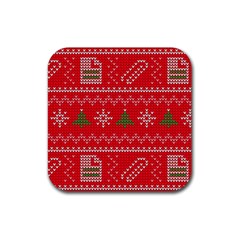 Red Christmas Pattern Xmas Decorations, Christmas Knitted Texture Rubber Coaster (square) by kyorashop23