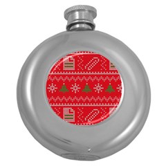 Red Christmas Pattern Xmas Decorations, Christmas Knitted Texture Round Hip Flask (5 Oz) by kyorashop23