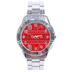 Red Christmas Pattern Xmas Decorations, Christmas Knitted Texture Stainless Steel Analogue Watch