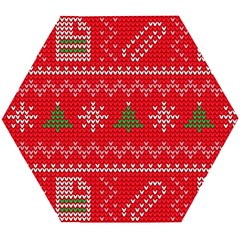 Red Christmas Pattern Xmas Decorations, Christmas Knitted Texture Wooden Puzzle Hexagon by kyorashop23