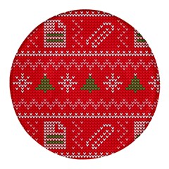 Red Christmas Pattern Xmas Decorations, Christmas Knitted Texture Round Glass Fridge Magnet (4 Pack)