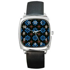 Flower Pattern Flora Floral Seamless Square Metal Watch by Salmanaz77