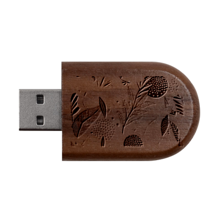 Leaves Pattern Flora Wood Oval USB Flash Drive