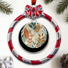 Leaves Pattern Floral Metal Red Ribbon Round Ornament by Salmanaz77