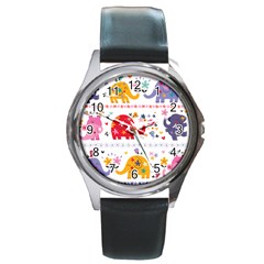 African Elephant Cute Cartoon Seamless Shading Cartoon Character Round Metal Watch by Bedest