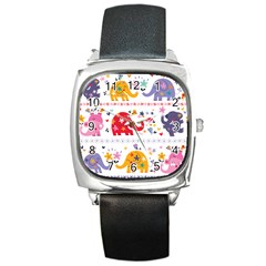 African Elephant Cute Cartoon Seamless Shading Cartoon Character Square Metal Watch by Bedest