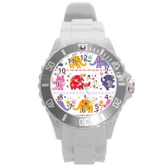 African Elephant Cute Cartoon Seamless Shading Cartoon Character Round Plastic Sport Watch (l) by Bedest