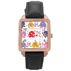 African Elephant Cute Cartoon Seamless Shading Cartoon Character Rose Gold Leather Watch  by Bedest