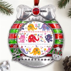 African Elephant Cute Cartoon Seamless Shading Cartoon Character Metal X mas Ribbon With Red Crystal Round Ornament by Bedest