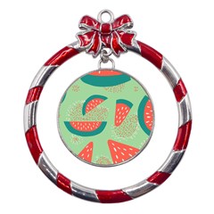 Watermelon Dots Summer Pattern Metal Red Ribbon Round Ornament