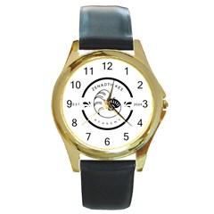 Zenadth Kes Academy s Logo On Round Leather Watch (gold Rim) 