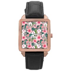 Hibiscus Flowers With White Dhari On Rose Gold Leather Watch  by DeadlyWatchesClocks2024