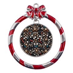 Pearls And Stones Metal Red Ribbon Round Ornament by dedoma