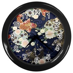 Japanese Wave Koi Illustration Pattern Wall Clock (black) by Ndabl3x