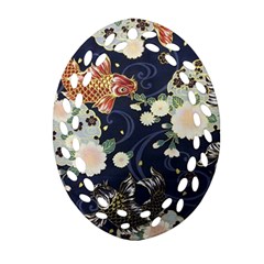 Japanese Wave Koi Illustration Pattern Oval Filigree Ornament (two Sides)