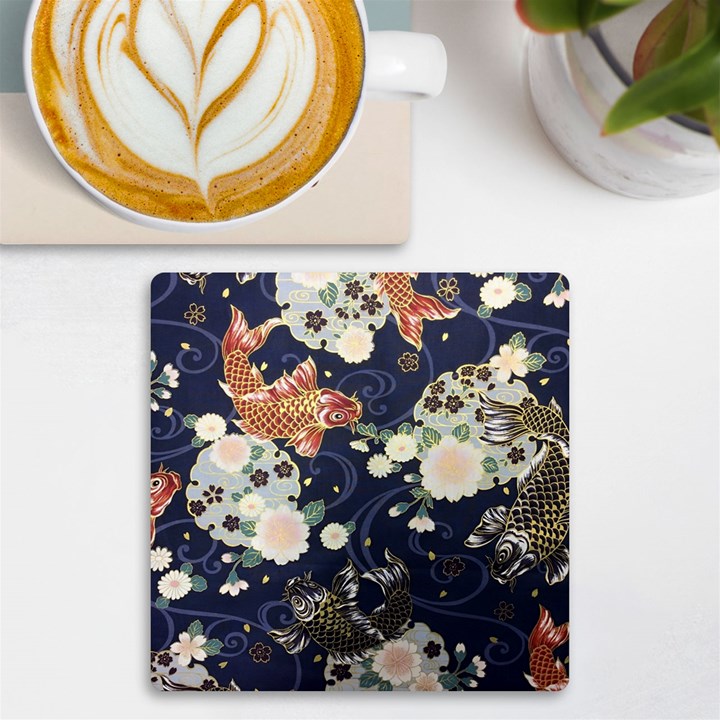 Japanese Wave Koi Illustration Pattern UV Print Square Tile Coaster 