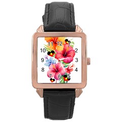 Hibiscus Flowers With Heart Shaped Aboriginal Flag On Rose Gold Leather Watch  by DeadlyWatchesClocks2024